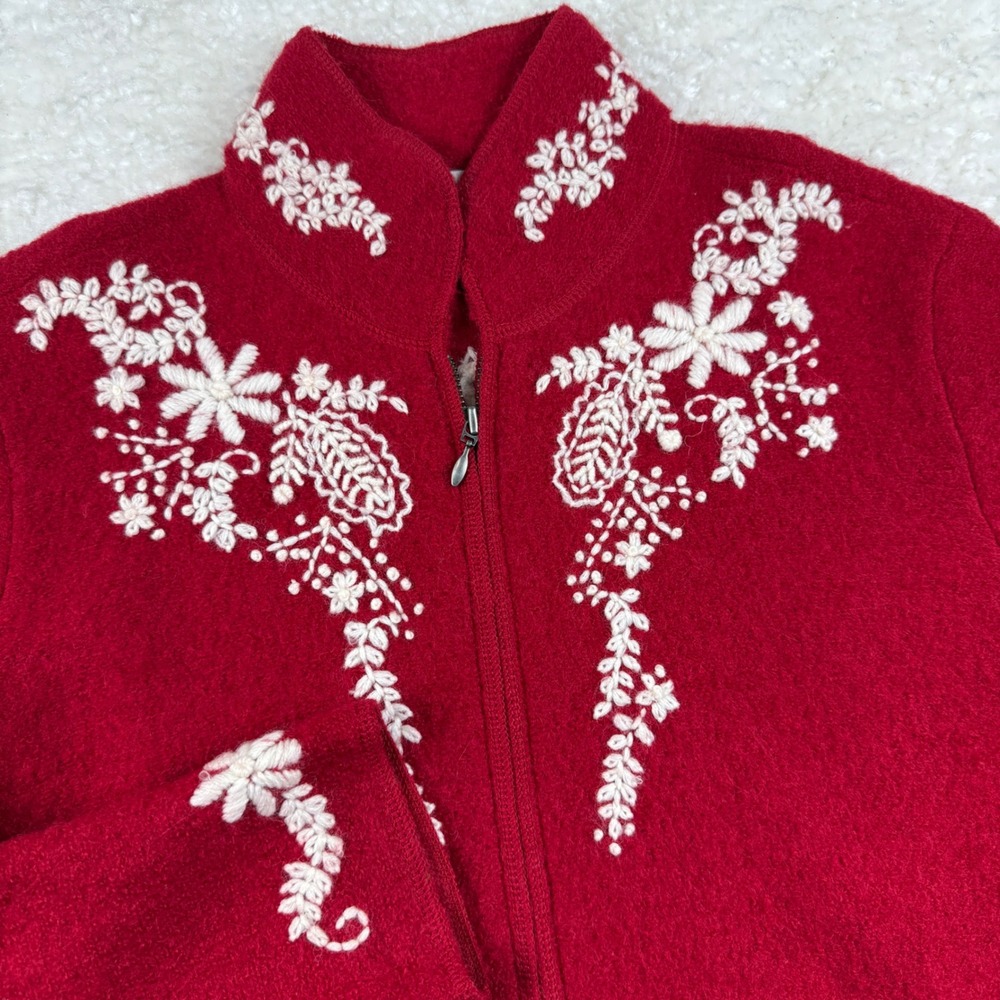Coldwater Creek Wool Jacket Womens M Red Embroidered Christmas Tree Floral Zip